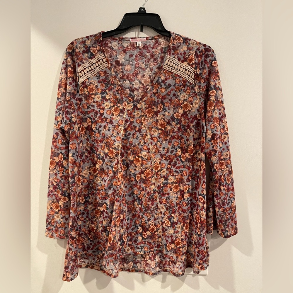 Floral V-Neck Blouse with Crochet Trim